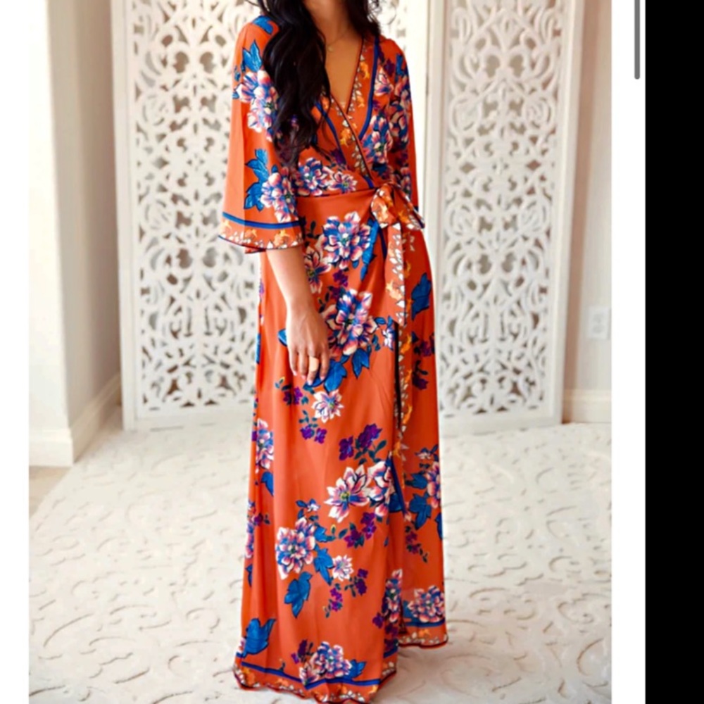 Flying Tomato STUNNING print kimono style sleeve floral long wrap dress SM